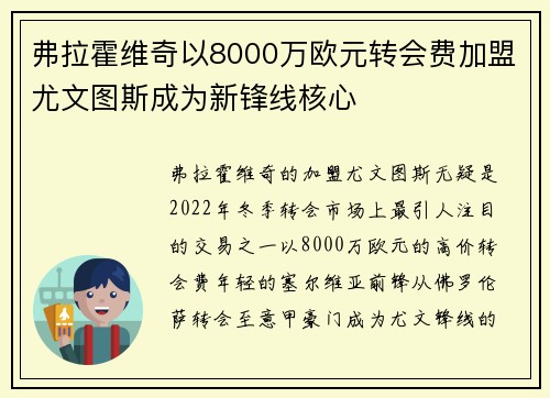 弗拉霍维奇以8000万欧元转会费加盟尤文图斯成为新锋线核心 弗拉霍维奇以8000万欧元转会费加盟尤文图斯成为新锋线核心
